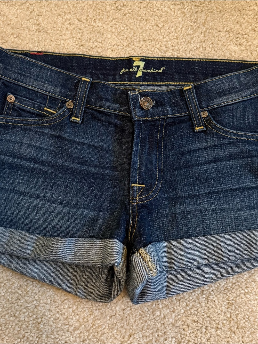 7 For All Mankind Dark Blue Rolled Hem Denim Shorts